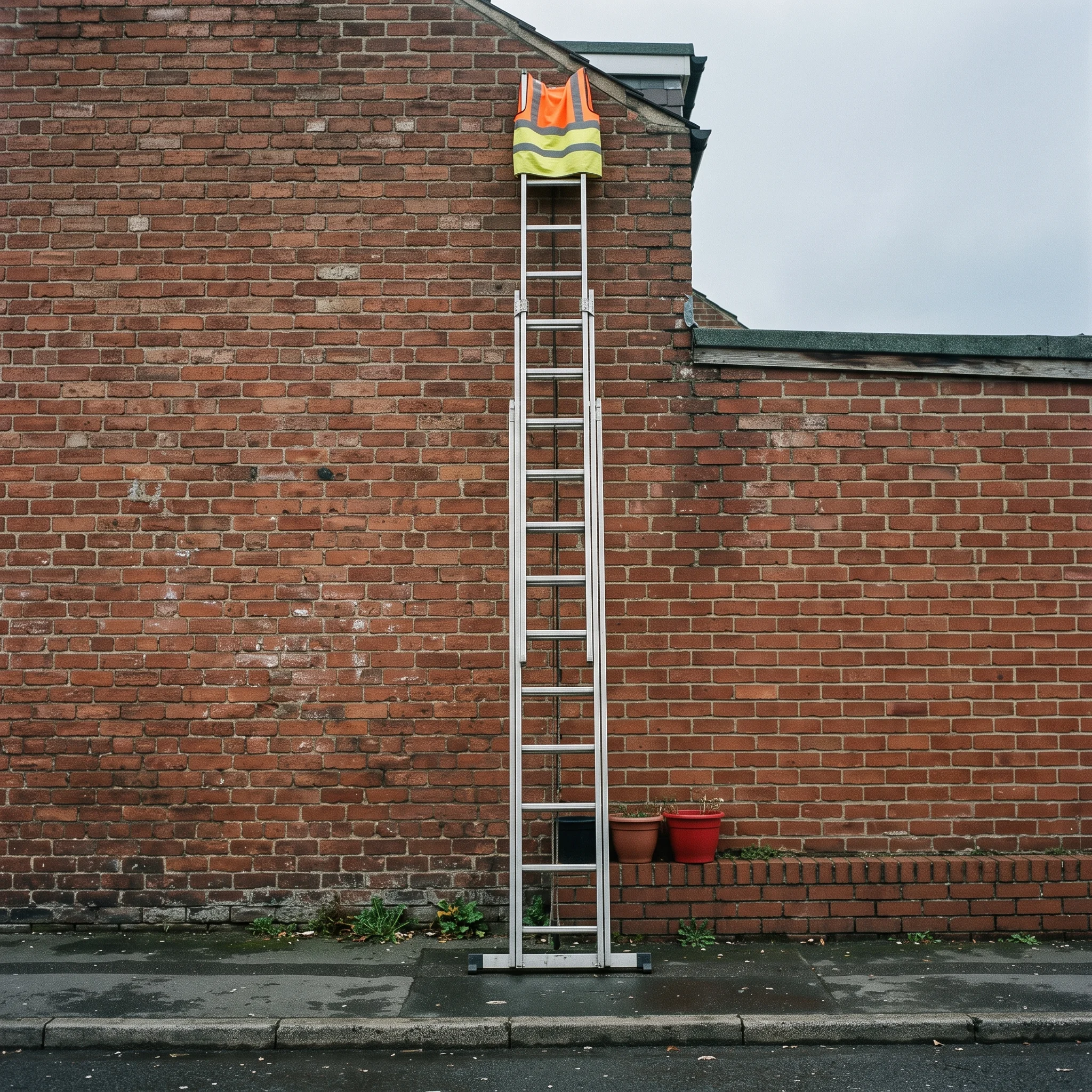 Aluminium ladder leaning against a red-brick Leeds house wall