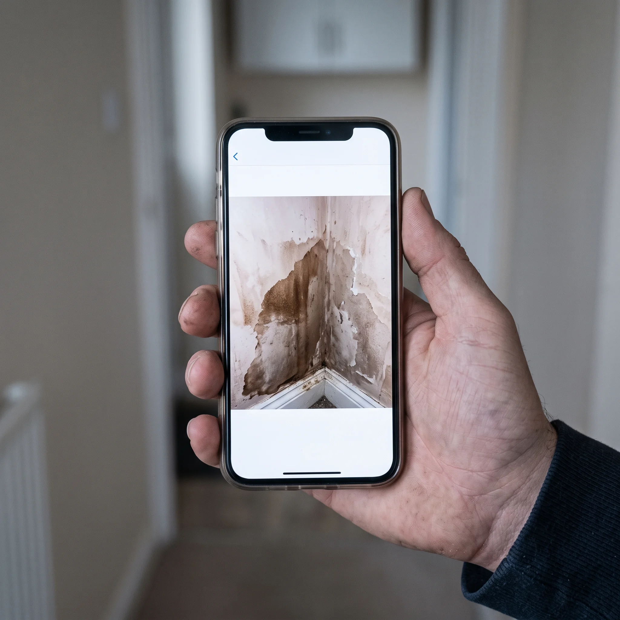A person holding a smartphone displaying a photo of a damp patch in a wall corner.