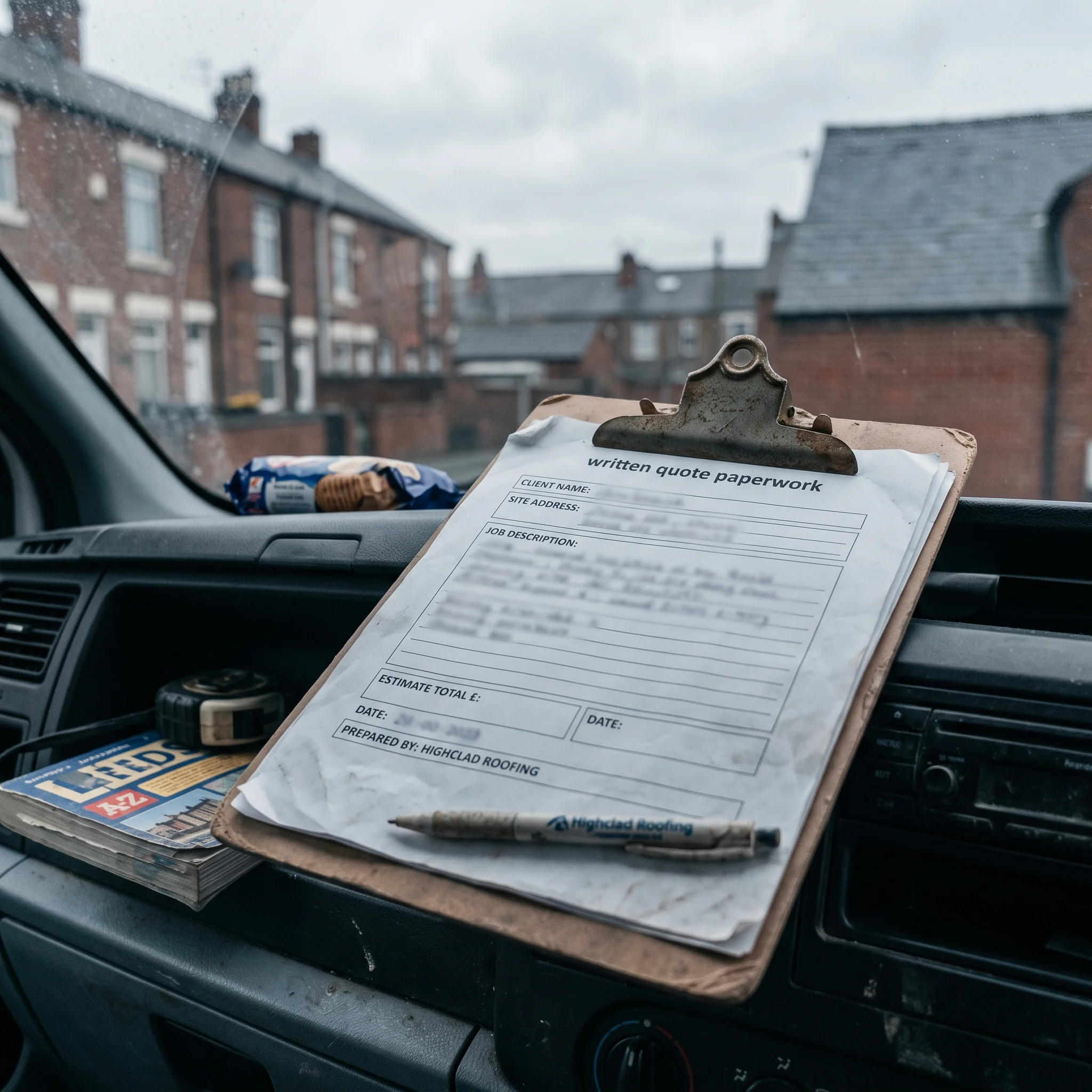 Written itemised quote and a biro resting on a van dashboard
