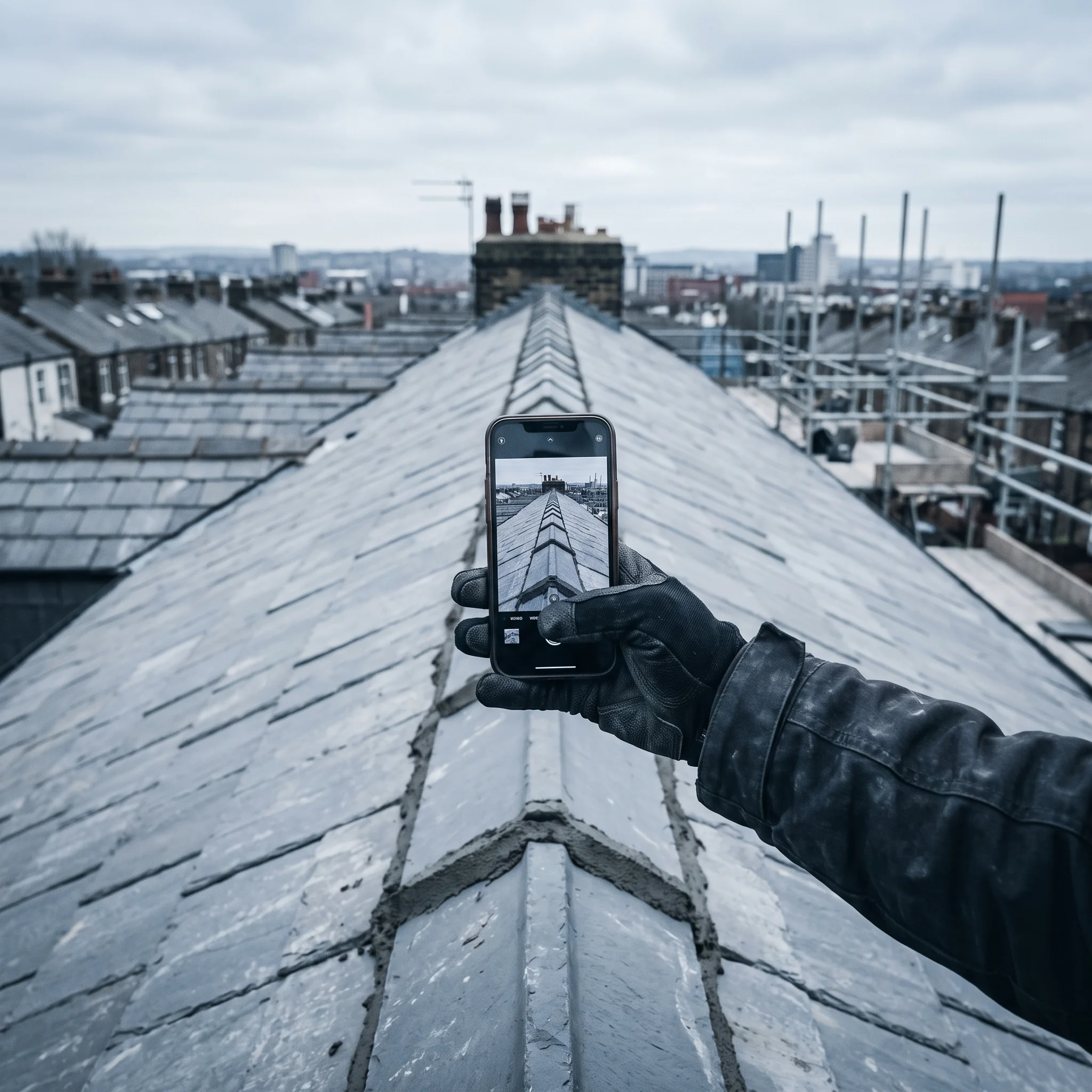 Gloved hand photographing a newly finished slate ridge with a phone