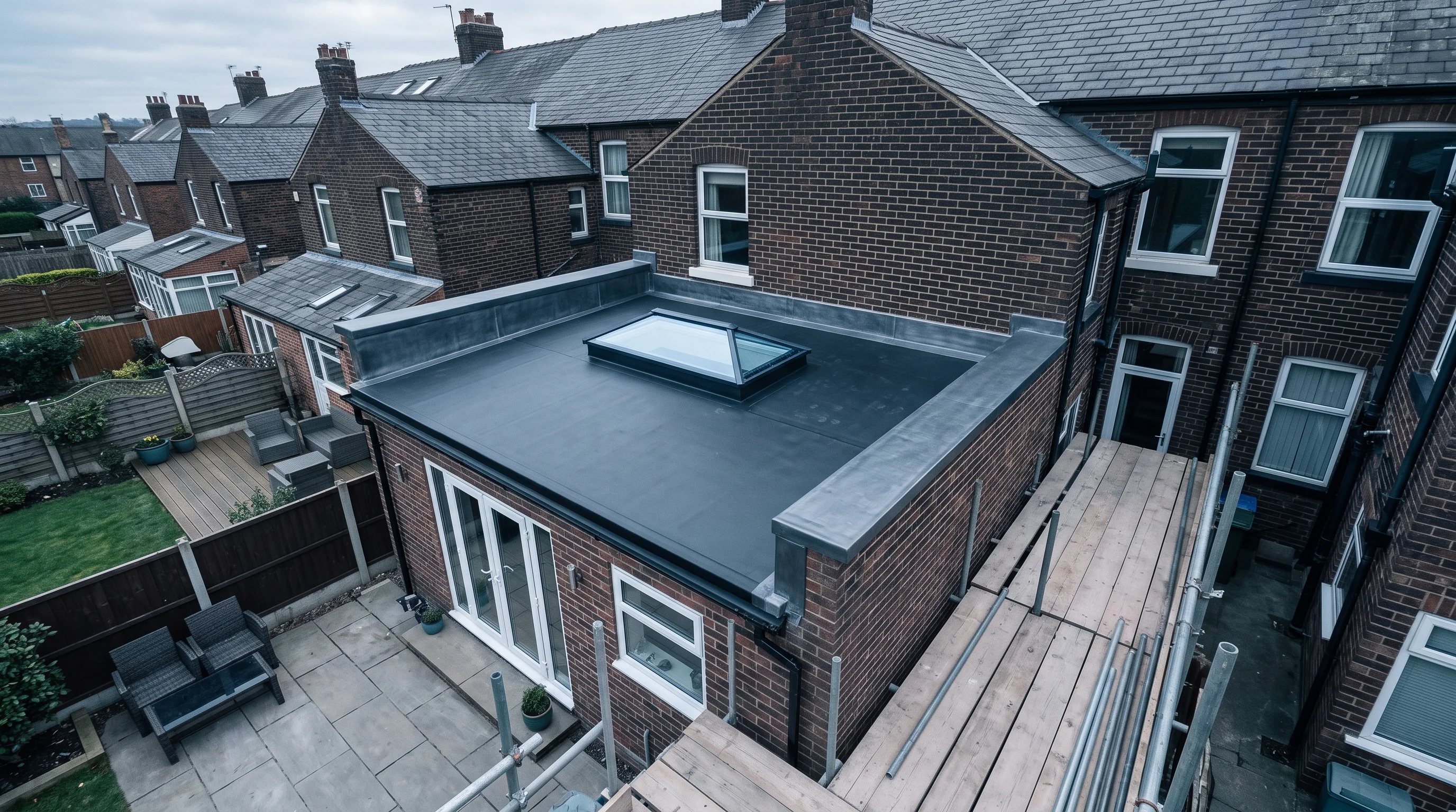 New grey rubber flat roof over a rear extension viewed from above