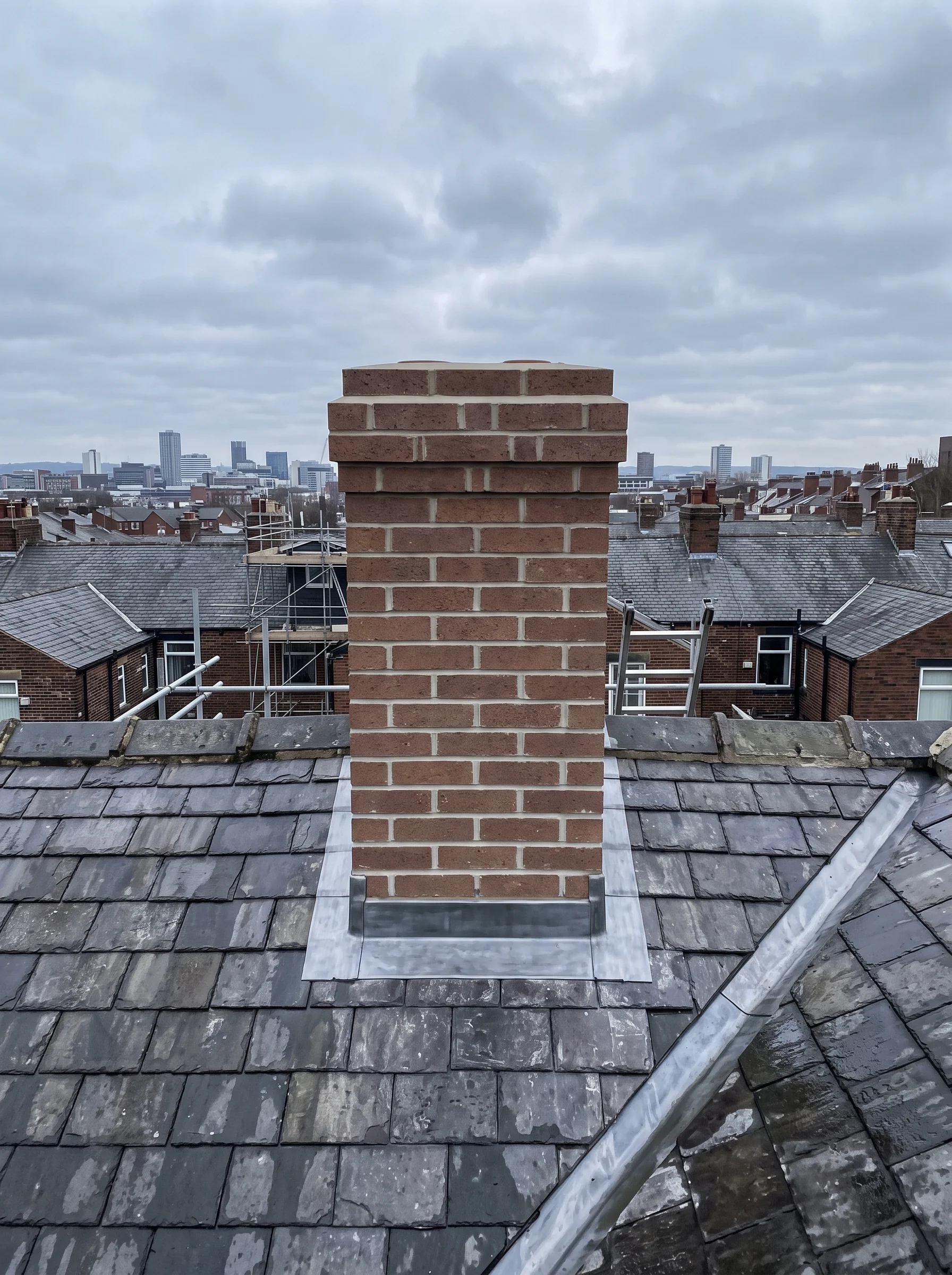 Rebuilt red-brick chimney stack with new lead flashings above terrace rooftops