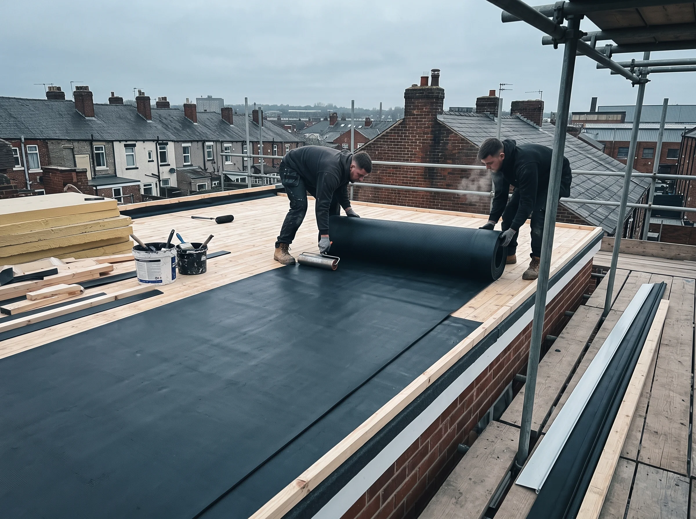Grey rubber membrane being rolled out over a rear extension flat roof