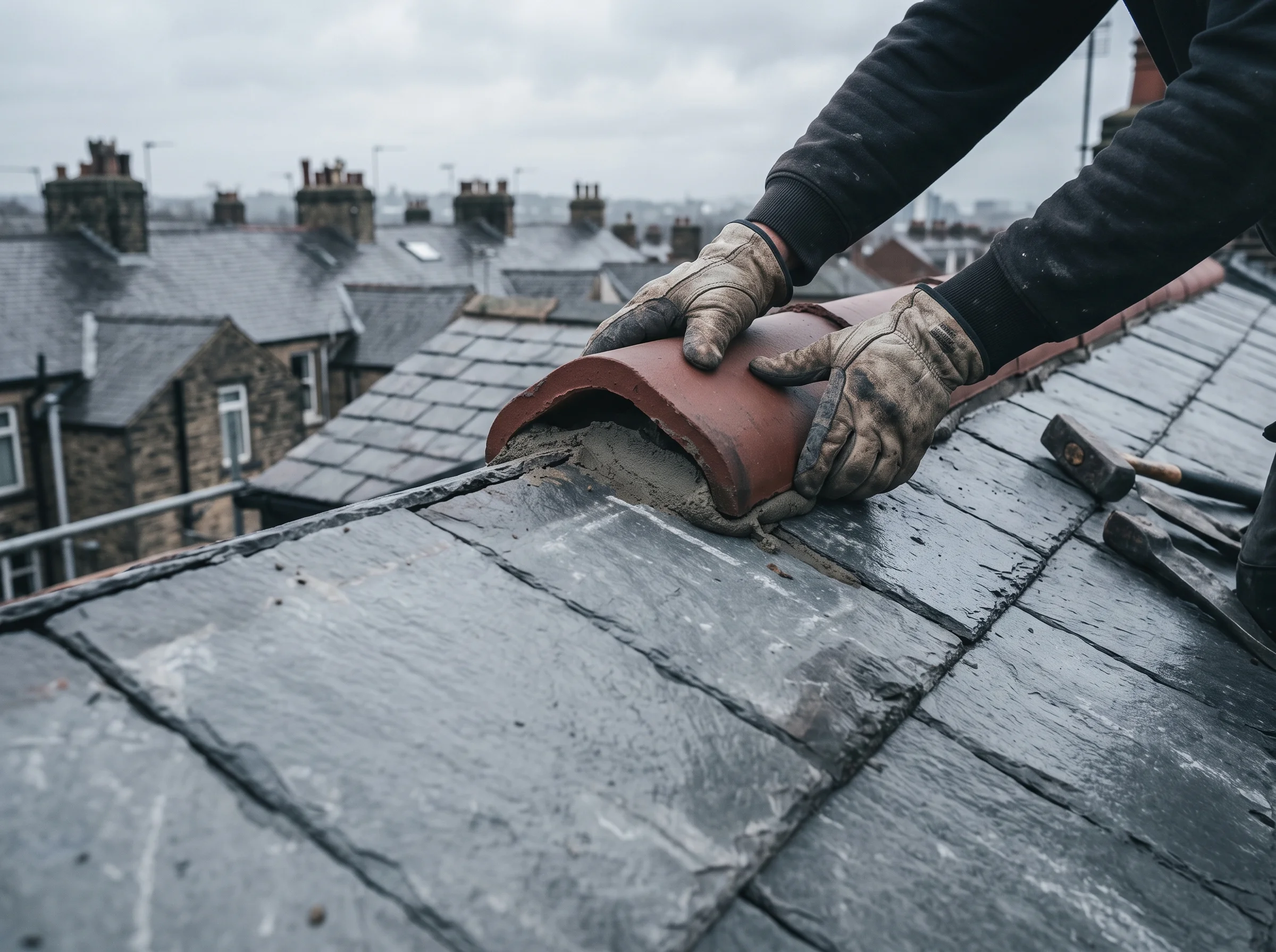 Gloved hands seating a ridge tile on new slate courses of a Leeds terrace roof