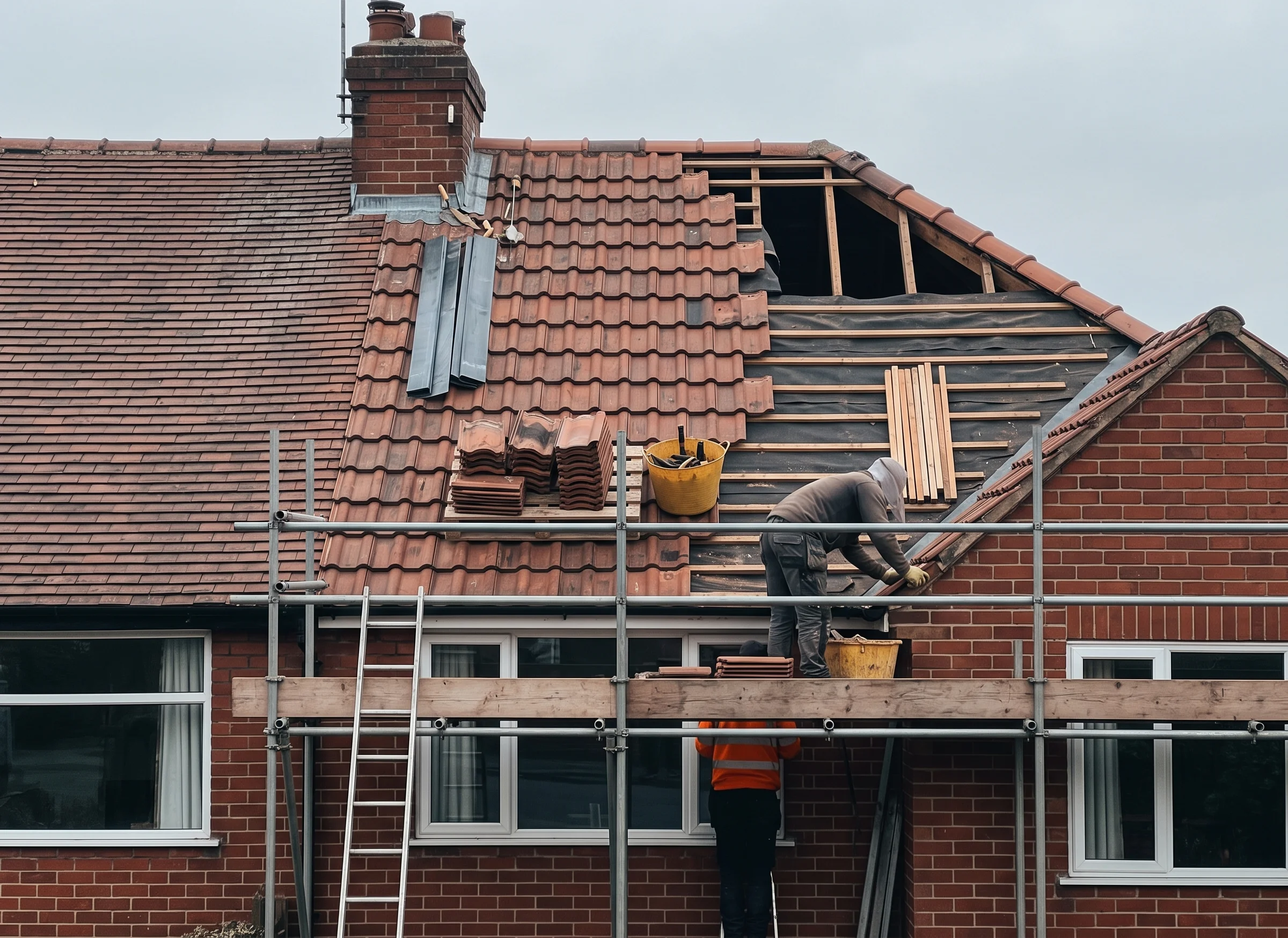 Clay pantiles on a 1930s semi roof with a run of tiles lifted for replacement