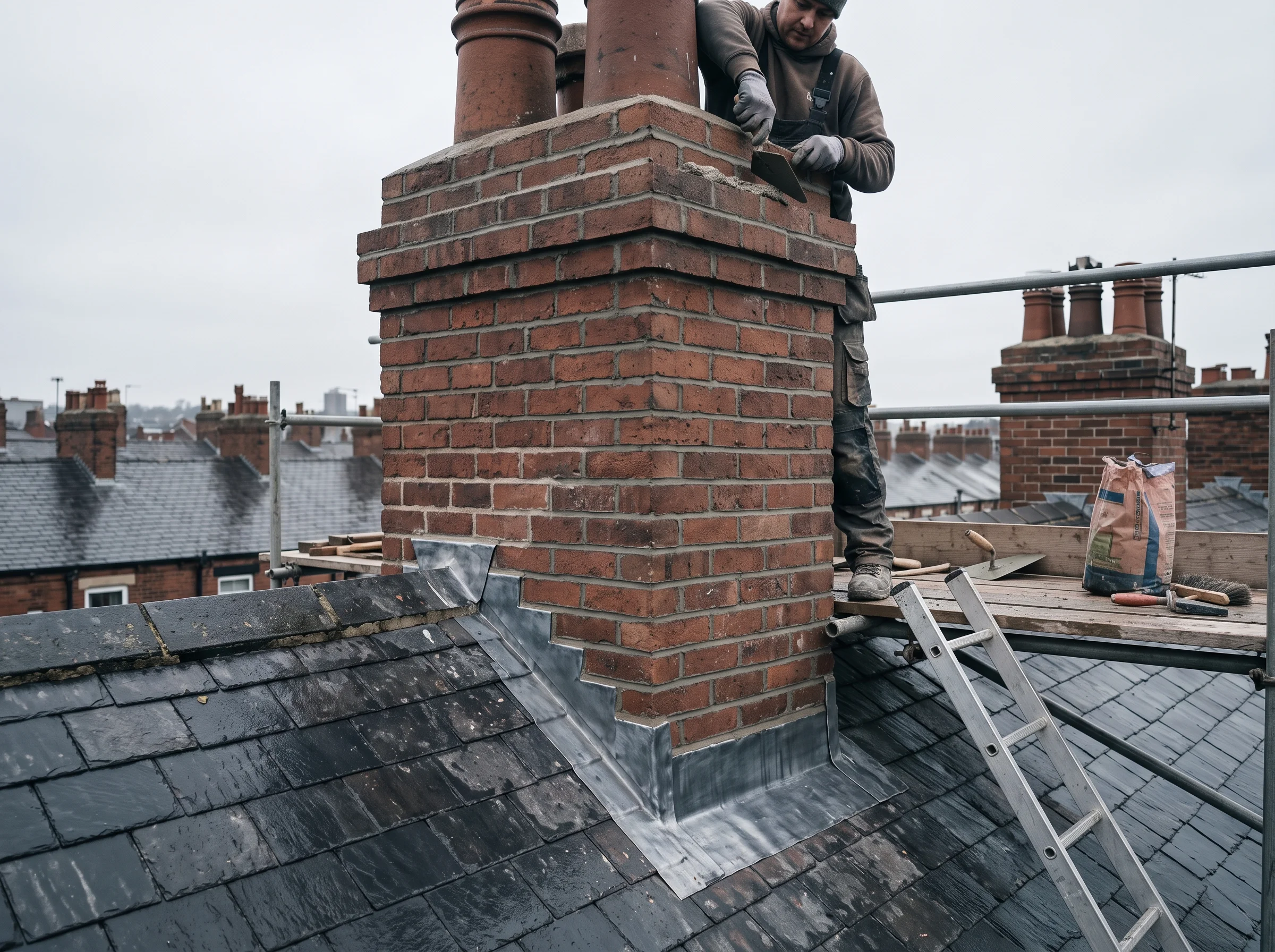 Red-brick chimney stack with fresh pointing and new lead flashings under a grey sky