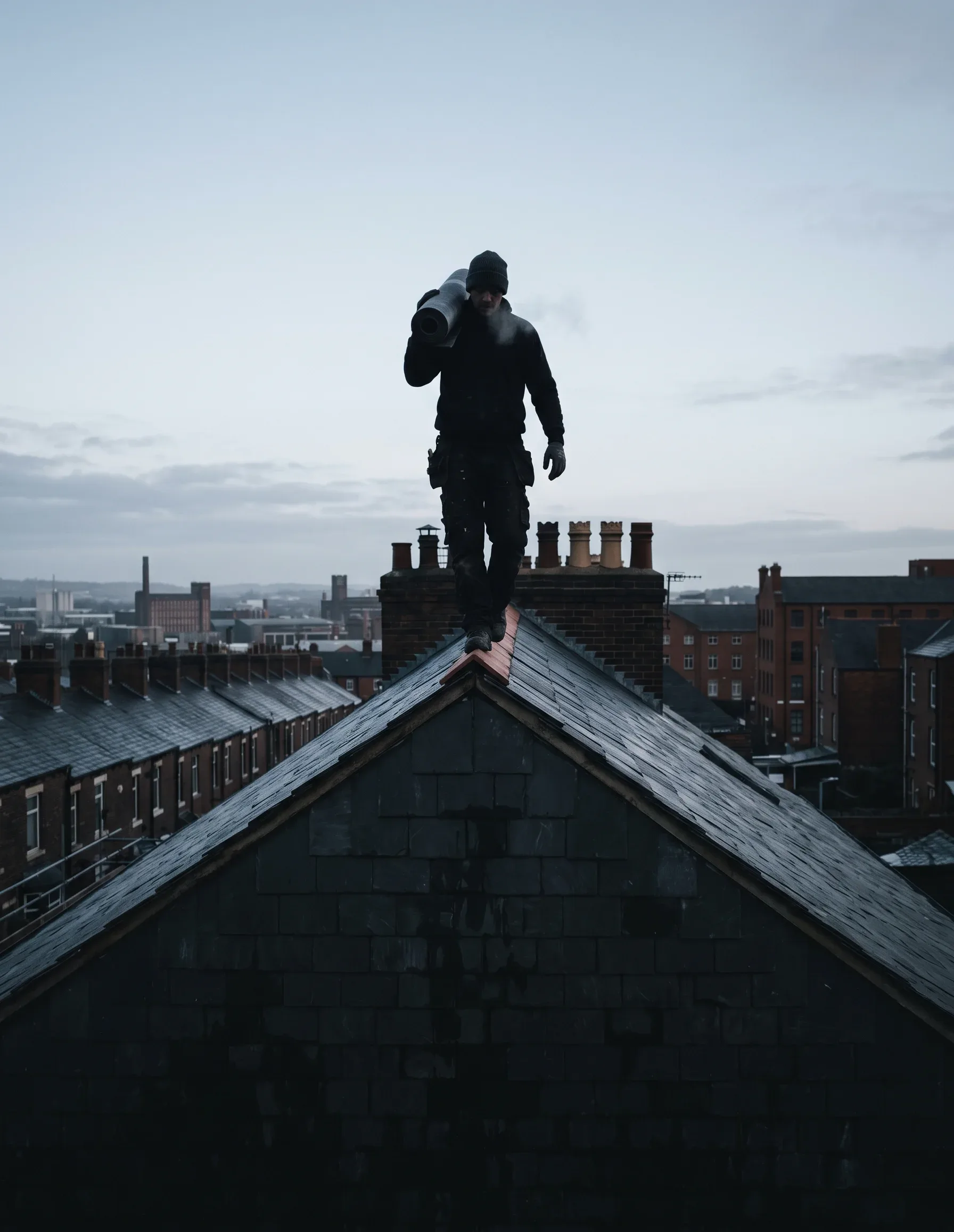 A roofer dressed in dark clothing carrying a roll on his shoulder stands silhouetted on a slate gable ridge against an overcast sky above a city of brick rooftops.