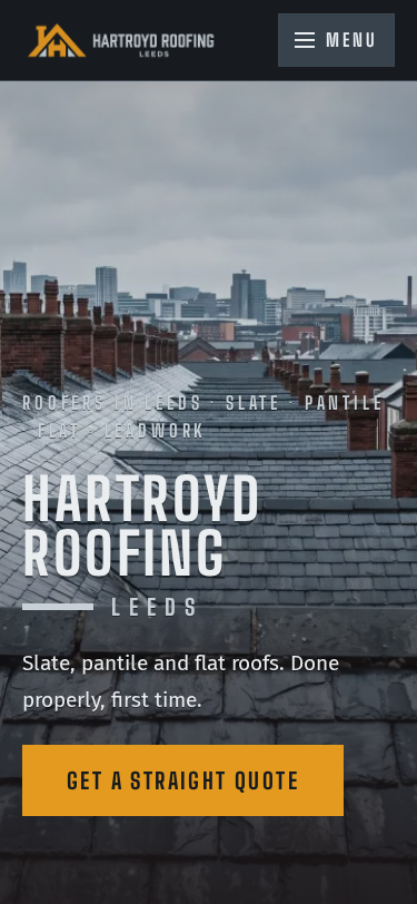 Hartroyd Roofing home page on a phone